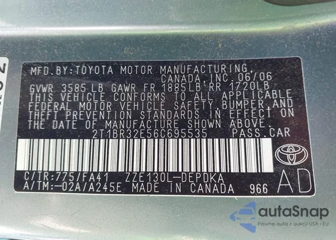 2006 Toyota Corolla Ce from USA, damaged, VIN 2T1BR32E56C695535